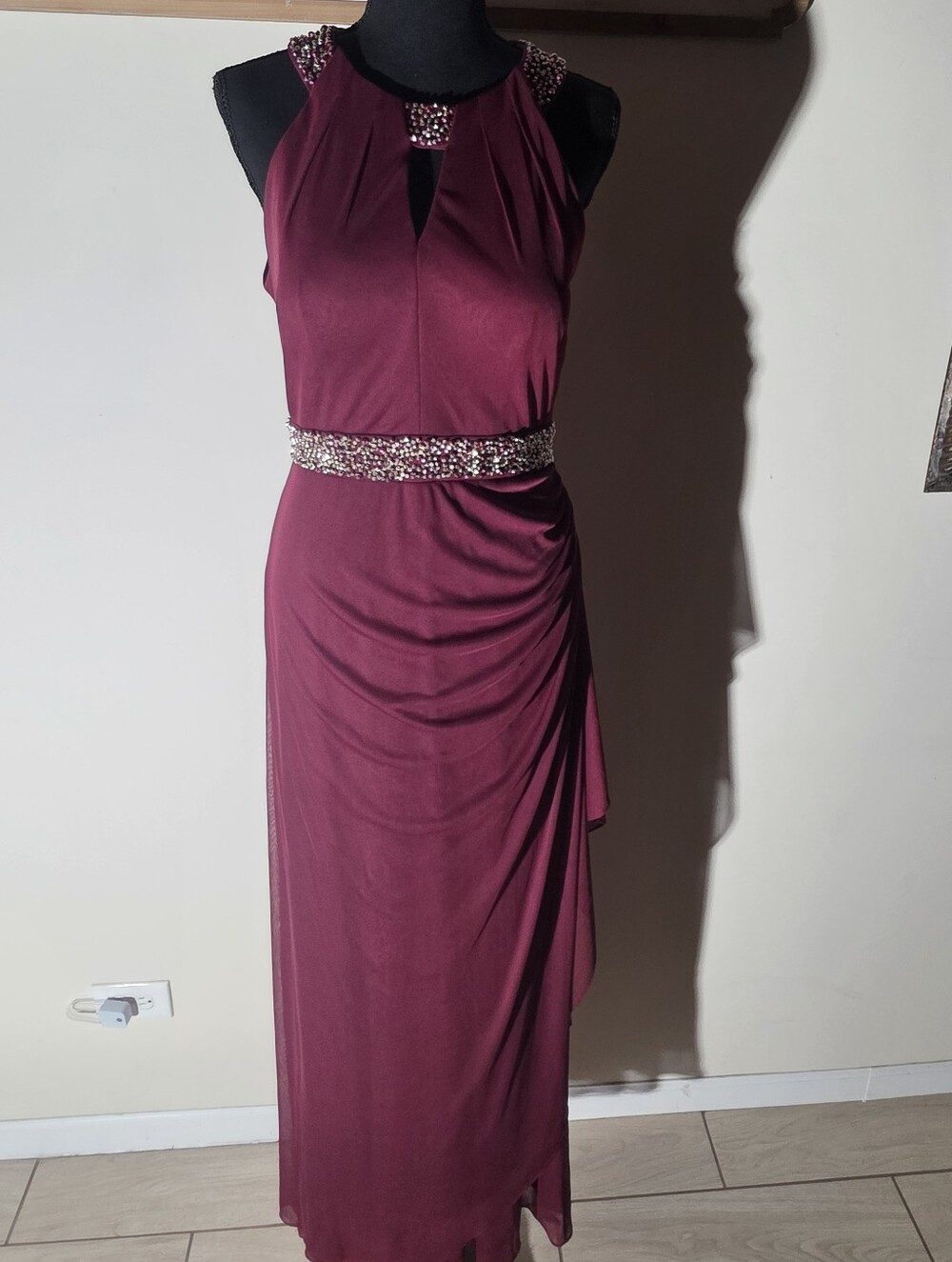 #Betsy & Adam Wine Beaded Halter Maxi Dress With Embellishment (Size 10)